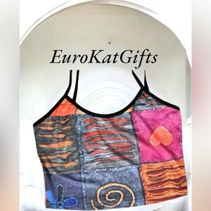 Edgy Y2K Cropped Tank Top spaghetti straps colorful pink black patchwork print.